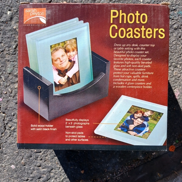 Sarah Peyton Home Glass Photo Coasters - set of four with wood holder NIB - Picture 1 of 3